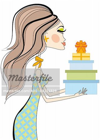 Fashion girl holding gift boxes, vector