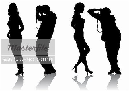 Vector image of the photographer and model. Silhouette on white background