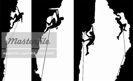 Set of editable vector side panel silhouettes of climbers with all elements as separate objects