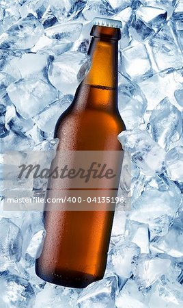 a bottle of beer is in ice