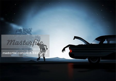 Under moonlight a man diggs a hole in the ground, His car is still running and the boot is open...