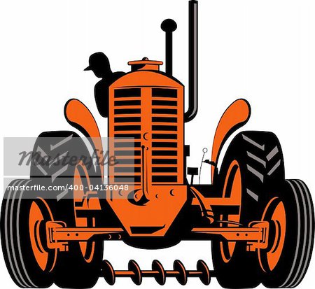 Illustration of a vintage tractor with farmer driving isolated on white