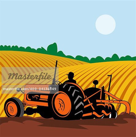 Illustration d'un tracteur vintage avec agriculteur au volant