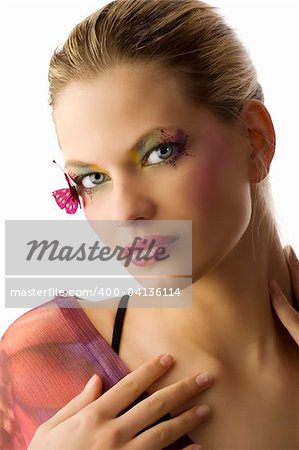 beauty portrait of young woman with creative make up with butterfly