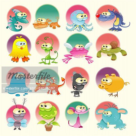 Family of monsters, cartoon and vector characters with background