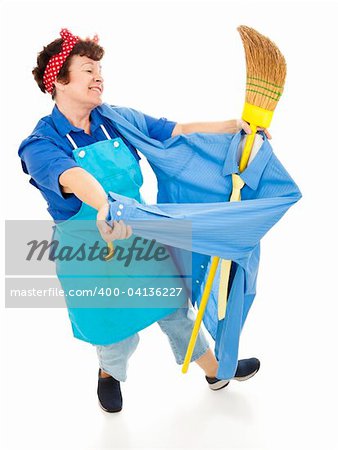 Lonely maid dancing with a broom dressed as a man.  Full body isolated.