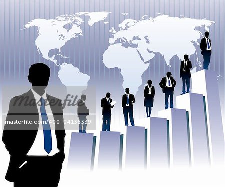 Successful people are standing on a large graph, world map in the background. The base map is from Central Intelligence Agency Web site.