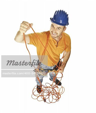 fun young handyman has trouble with electric wire