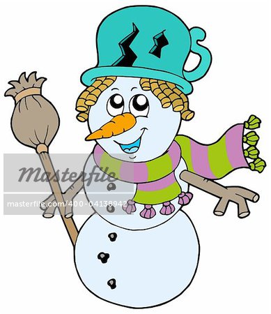 Cute snowman with scarf and broom - vector illustration.