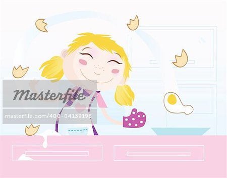 Food preparation. Woman in the kitchen. Vector Illustration.
