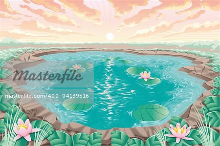 Cartoon pond with lotus, vector and artistic landscape