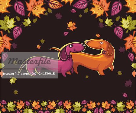 Two friendly Dachshunds, walking in the autumn park. With space for your text.