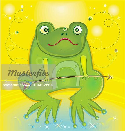 Cute green frog holding magical arrow