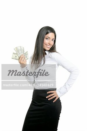 Beautiful success businesswoman holding Dollar notes, isolated on white