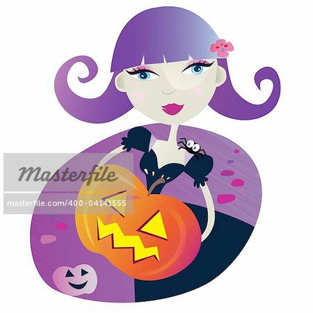 Halloween witch girl with pumpkin head. Vector Illustration.