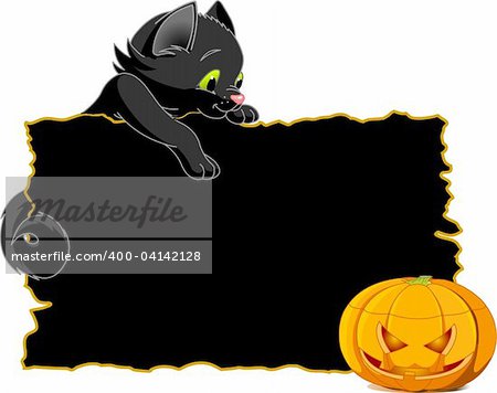 Mignon chaton noir sur un marque-place Halloween ou inviter.