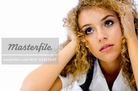 An attractive young woman with great curly hair on white background