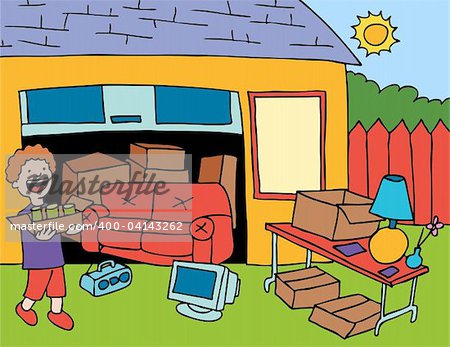 Image de dessin animé de personne se prépare pour une vente de garage.