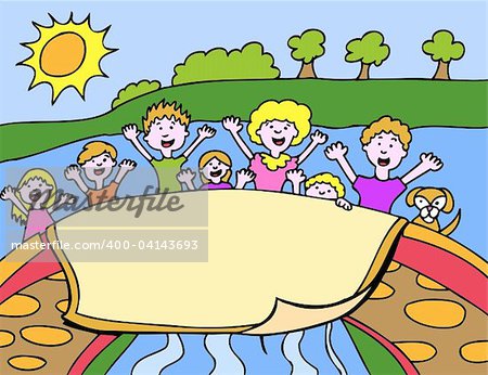 Children display a banner over a bridge in the park.