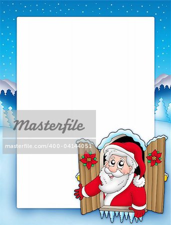 Christmas frame with Santa in window - color illustration.