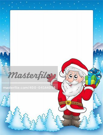 Frame with Santa and Christmas gift - color illustration.