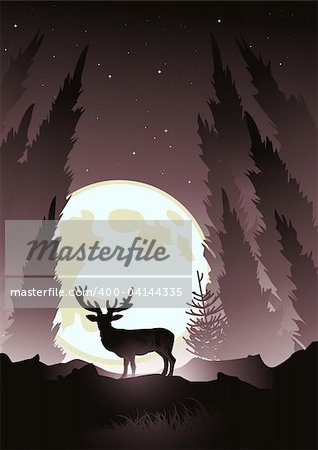 A stag silhouetted by the moonlight. Winter vector illustration