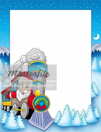 Frame with Santa Claus and train - color illustration.