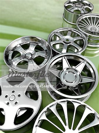 Auto steel alloy car rims over green mirror