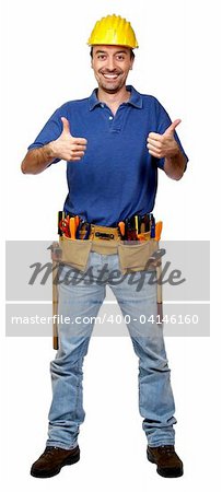 portrait of young caucasian positive handyman isolated on white