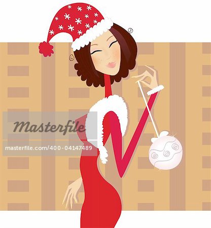 Woman in red christmas costume. Vector Illustration.