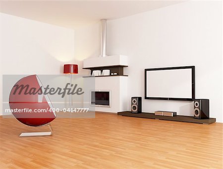 white minimal living room with fireplace fashion armchair and home tv equipment - rendering