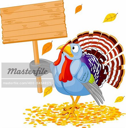 Illustration of a Thanksgiving turkey holding a blank board sign