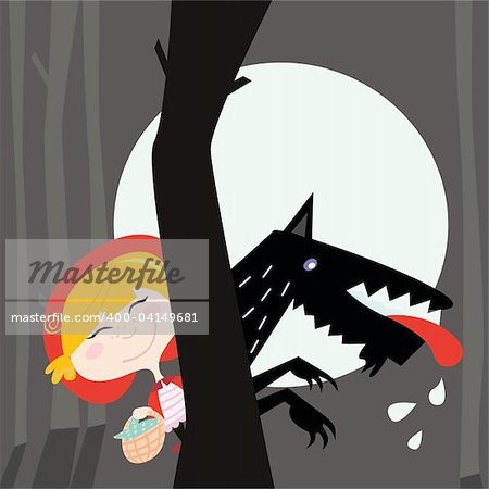 Little red riding hood with hungry wolf in dark forest. Vector Illustration.