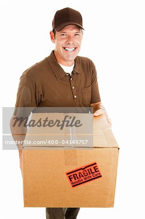 Friendly, smiling delivery man bringing a fragile package.  Isolated on white.