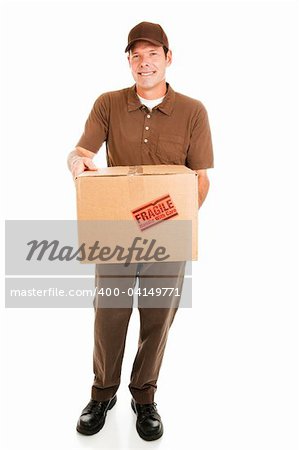 Handsome delivery man bringing a package for you.  Full body isolated on white.