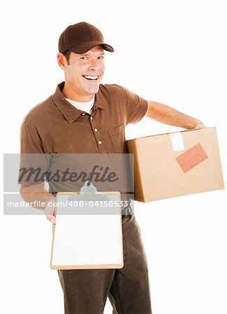 Happy delivery man holding a package and a clipboard with a message for you.  Isolated on white with blank space.
