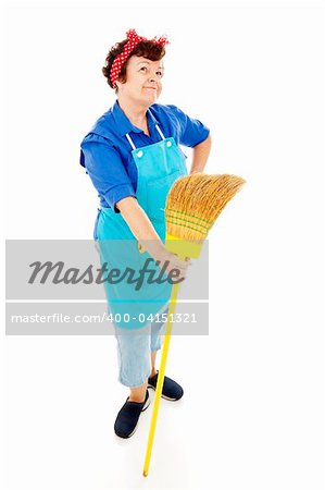 Retro looking housekeeper looks into the distance and imagines a better life.  Isolated on white.