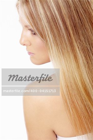 Close up of a female light straight hair sideways, isolated