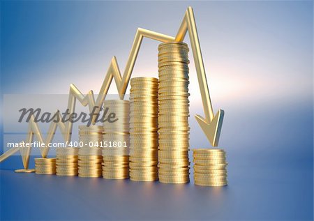 Financial chart consisting of gold penny and diagram arrow suggesting financial crisis  - 3d render