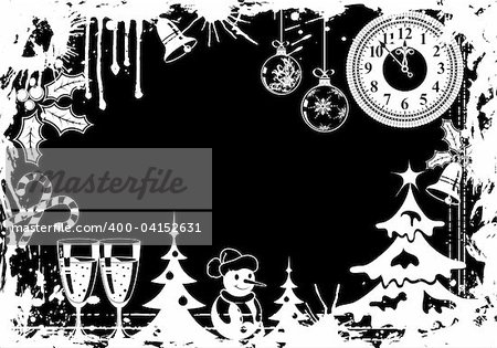 Grunge Christmas frame with Tree, Snowman and decoration element, vector illustration