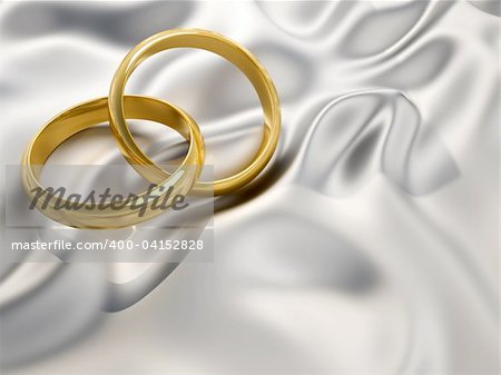 Interlocked wedding rings sitting on silver silk cloth - 3d render