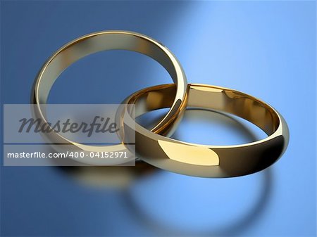 Interlocked wedding rings over blue background - 3d render