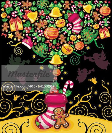 Vector Christmas composition with stocking full of Christmas objects: Christmas tree, stocking, gift box with bow, christmas bell, holly, jingle bell, Christmas wreath, star, gingerbread man, Santa Claus hat, candy cane, apple,  gift bow, christmas decoration, snowflake, angel