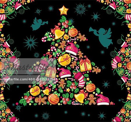 Different types of christmas design elements: Christmas tree, stocking, gift box with bow, christmas bell, holly, Christmas wreath, star, gingerbread man, Santa claus hat, candy cane, apple, gift bow, christmas decoration, snowflake - combined in a shape of a fir tree. On black background.