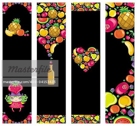 Colorful fruit banners with cute girls and copyspace.