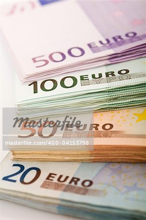 Macro closeup of euro banknotes stacks
