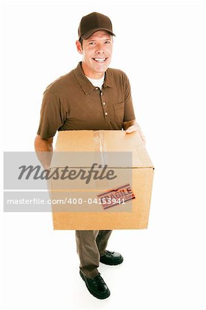 Handsome delivery man with a box.  Isolated on white.