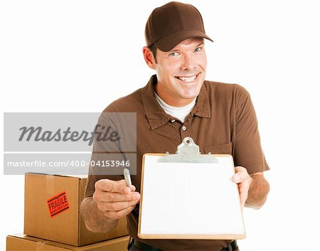 Handsome delivery man or mover waiting for your signature.  Isolated on white.