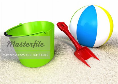 3d rendered image of a sand pail a showel and ball on the beach