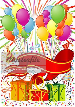 Party Frame with Balloon, streamer, banner, carnival mask and hat, element for design, vector illustration